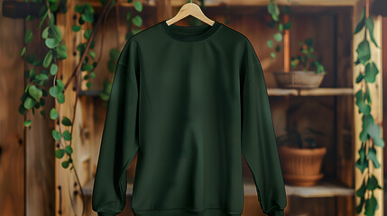 Naklejka premium plain blank forest green Gildan 18000 swearshirt mockup hanging from a pretty rod