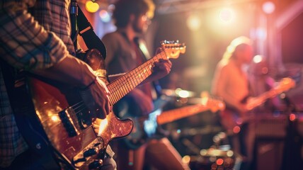 Obraz premium Musicians playing guitars on stage with colorful lighting in background