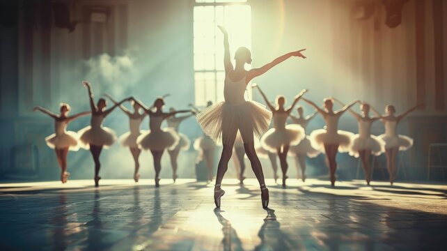 Silhouetted ballet dancers rehearse in sunlit studio