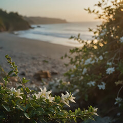 Obraz na płótnie Canvas a small bush with white flowers on the beach