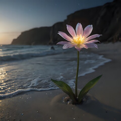 a pink flower that is growing out of the sand