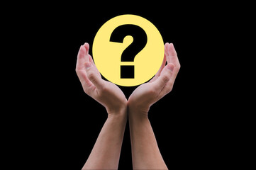Question mark symbol for FAQ, information, problem and solution concepts. hands holding Question mark icon in yellow circle