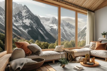 Mountain landscape outside window, details on windowsill. Outside view of bright mountains. Luxury interior
