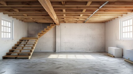 Unfinished interior of house with wooden stairs and exposed beams - Powered by Adobe