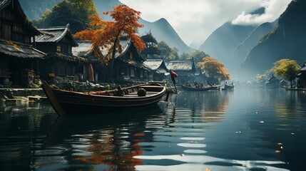 A serene village nestled amidst majestic mountains and a tranquil river. The gentle lapping of water against the wooden boats and the vibrant autumn leaves create a picturesque scene. 