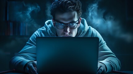 A young male wearing glasses stares intently at his laptop scree