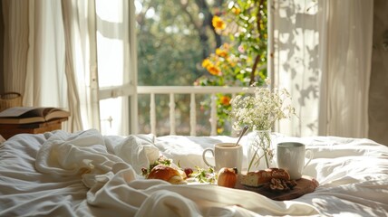 Cozy breakfast in bed with sunlight streaming through window