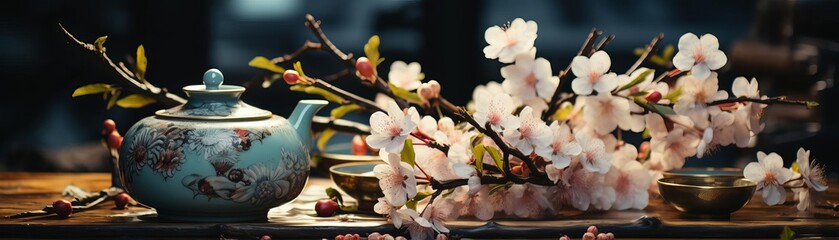 A Chinese tea set with cherry blossoms. The teapot is made of blue and white porcelain, and the cups are made of white porcelain. 