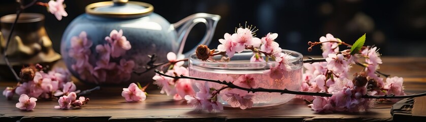 a cherry blossom branch in a vase of water. The delicate pink and white blossoms are set against a dark background, which makes them stand out. 