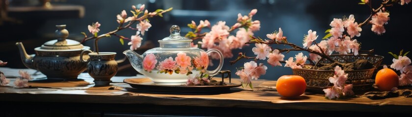 An exquisite still life of a glass teapot and teacups on a wooden table. The teapot is decorated with pink and white flowers, and there are several teacups next to it. 