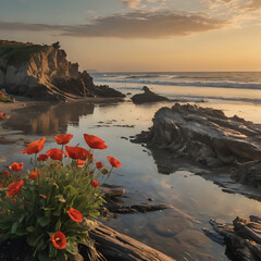 flowers are growing on the rocks near the water at sunset