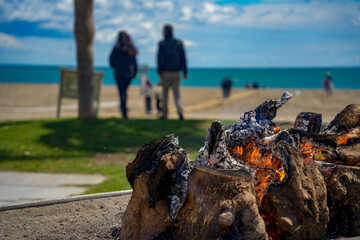 Malaga,Spain. Open fire at a beach restaurant serving fish and seafood. March 31st 2024