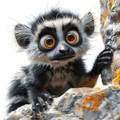 A 3D animated cartoon render of an inquisitive lemur gesturing towards a treacherous cliff.
