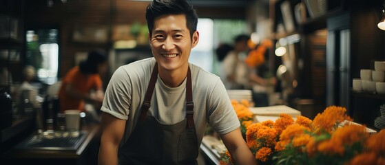 A young Asian man is standing in a flower shop. He is wearing aWei Qun and has a friendly smile on his face. There are flowers all around him.