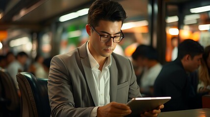 A young professional in a suit is sitting in a crowded restaurant, reading a document on his tablet. He is wearing glasses and has a serious expression on his face.