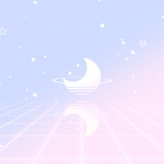 Neon retro moon with flying stars on pastel gradient background. © tykcartoon