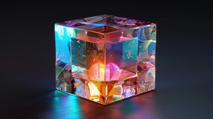 glass cube with holographic transparent and iridescent color, isolated on black background, 20mm lens, low angle view, front perspective, frontal view, top down view, high resolution