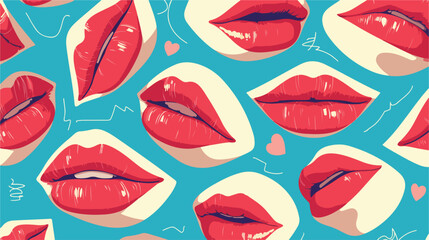 Pink red lips kiss seamless pattern on blue backgro