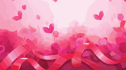 Pink ribbon and rose petals on color background. Br