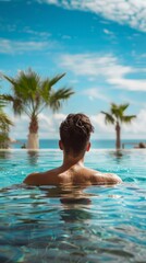 Luxury Resort. Man Relaxing In Infinity Swimming Pool Water. Beautiful Happy Healthy Male Model Enjoying Summer Travel Vacation At Tropical Spa Hotel In Indonesia, Sea View. Summertime Relax Concept