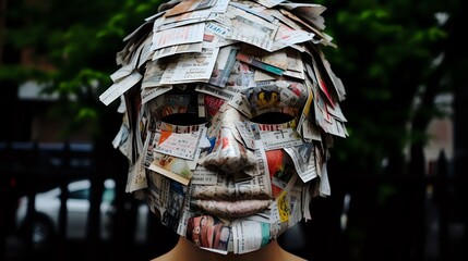 A woman wearing a mask made of newspaper clippings stares at the