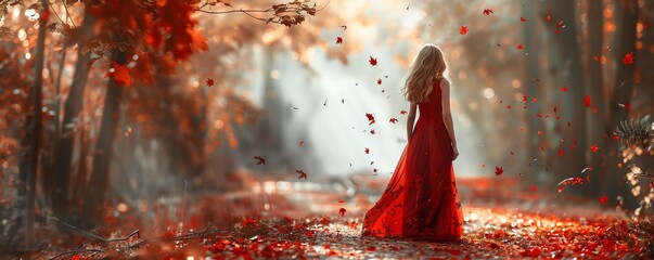 art portrait of woman in red dress standing in autumn forest