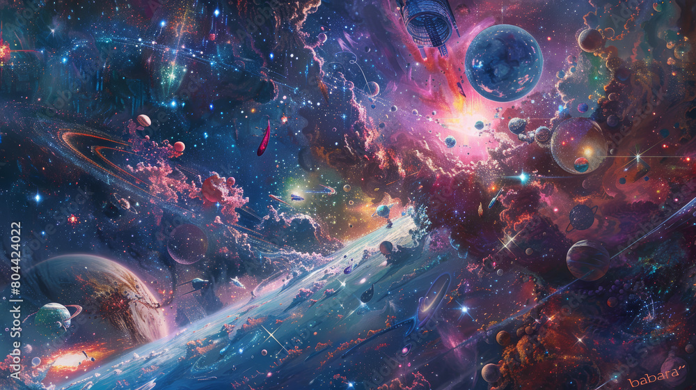 Wall mural a digital painting of a cosmic orchestra, where celestial beings play instruments that resonate with