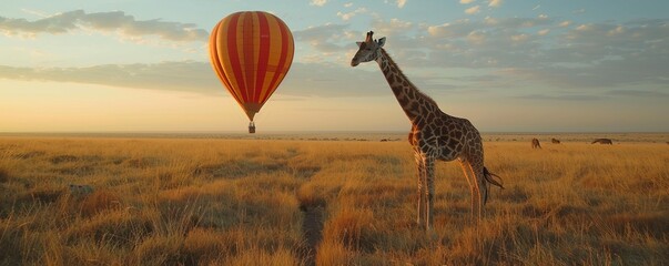 a hot air balloon drifts over giraffe