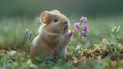   A small hamster holds a flower in its mouth while gazing at the camera