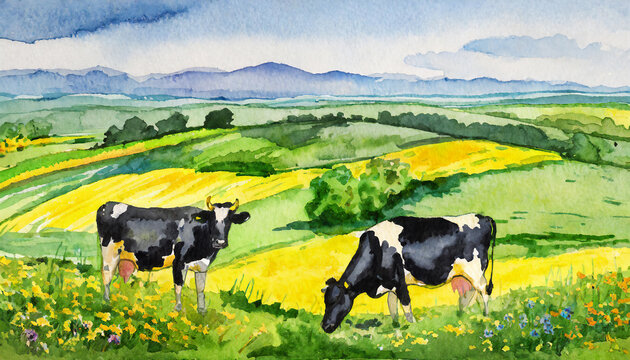 watercolor countryside landscape farming background black and white cows in the field