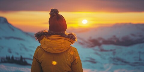 back view image of an unrecognizable woman in a yellow jacket standing and observing a sunset in a snowy mountain landscape