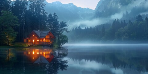 Fototapeta premium Illuminated Wooden house in the forest on a calm reflecting lake with the foggy mountains in the background at dusk