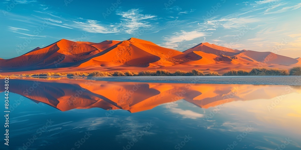 Sticker Desert dunes reflecting on a calm lake during sunset