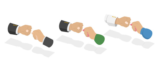 3D Isometric Flat  Illustration of Fists Bump Punch, Partnership and Teamwork