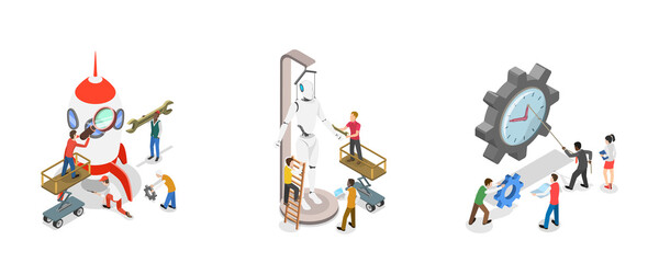 3D Isometric Flat  Illustration of Tech Startup, Business Process Automation