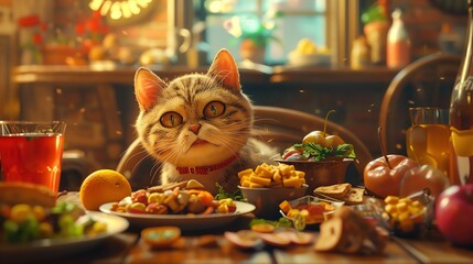Illustrate the whimsical charm of a pets mealtime in an expansive, wide-angle composition, highlighting vibrant colors and the close interaction between pet and food