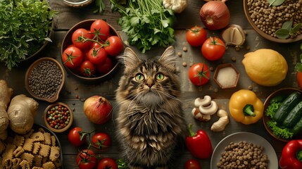 Illustrate your cat foods appeal with a detailed artistic aerial scene showing a delighted cat...
