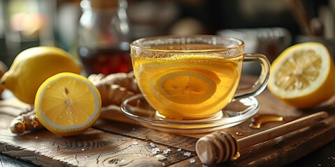 Close-up of a glass cup of Ginger and lemon hot drink on a wooden chopping board with honey and fresh lemon - Powered by Adobe