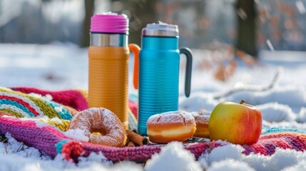 A winter picnic in the park with colorful thermoses filled with ed chai tea and warm apple cinnamon donuts. - obrazy, fototapety, plakaty