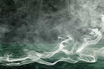 Bright white smoke abstract background curls over a deep green velvet floor.