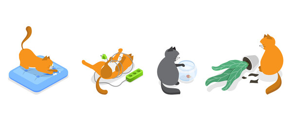 3D Isometric Flat  Illustration of Naughty Pets, Scenes With Cute Cats