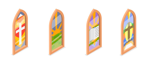 3D Isometric Flat  Set of Church Stained Arched Windows , Different Styles and Drawing
