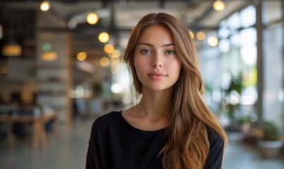 Obraz premium Portrait of young woman in large open office space.