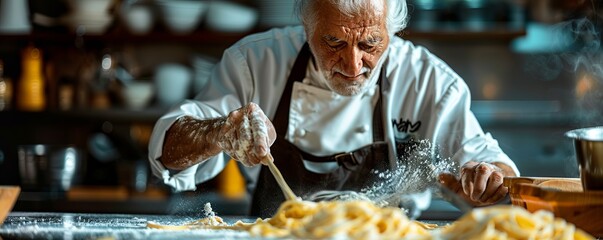 Mature old man chef making homemade pasta noodles in a dark Italian kitchen.