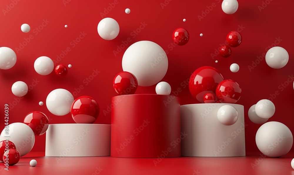 Poster generative ai image of different sizes of red and white balls on pedestal podium against red backgro