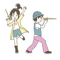 手作りおもちゃ割りばし鉄砲で当てて喜ぶ女の子・狙いを定める男の子　スモーキーカラーのイラスト