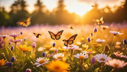 Nature's Harmony: Exploring an Idyllic Meadow Teeming with Flowers, Butterflies, and Bees. Generative AI