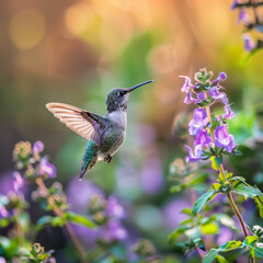 Fototapeta premium Hummingbird Hovering Near Purple Flowers in Natural Habitat