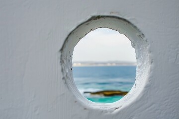 Seascape in the hole of the wall. Oval window from which you can see the sea, the beach, the sand
