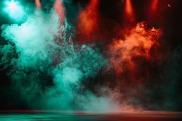Deep crimson smoke wafting over a stage under a seafoam green spotlight, creating a dramatic, intense visual.